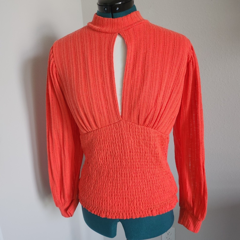 Wild Cat Smocked Top Womens Large Orange Mock Neck Keyhole Cutout